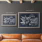 Decorative botanical foliage drawing on navy background in an ornate vintage silver frame shown in multiple size options.