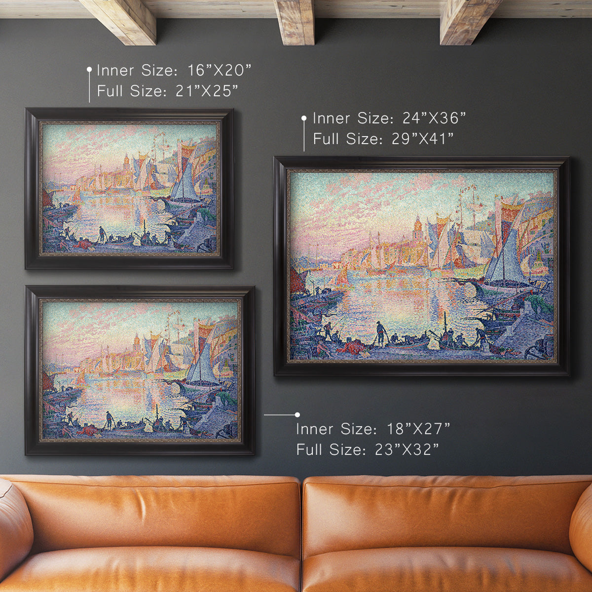 Impressionist Mediterranean harbor painting by Paul Signac in an ornate black frame with gilded inner detail shown in multiple size options.