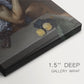 Close-up of a gallery-wrapped canvas corner showing a moody composition with a youthful figure and still life elements, highlighting texture and print detail.