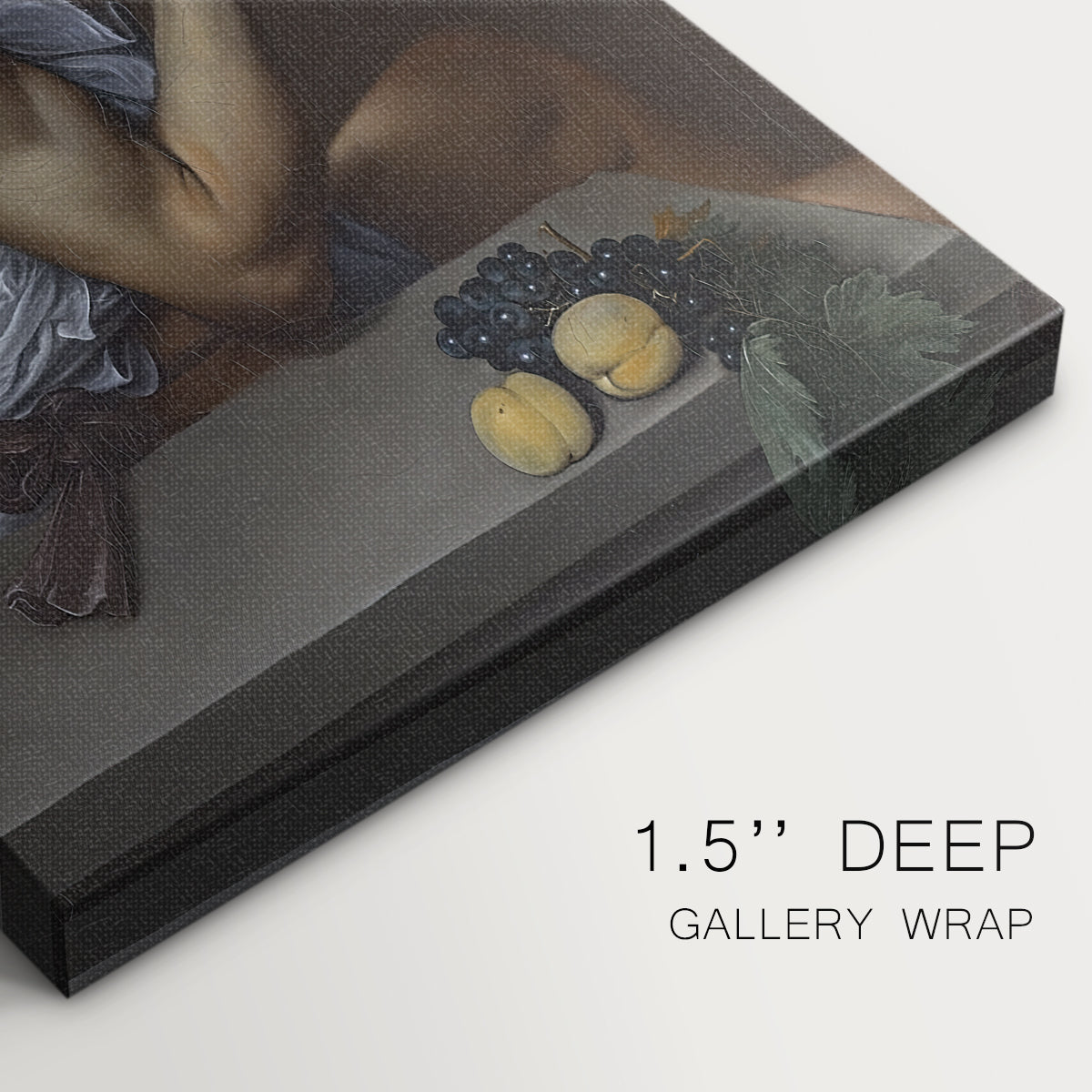 Close-up of a gallery-wrapped canvas corner showing a moody composition with a youthful figure and still life elements, highlighting texture and print detail.