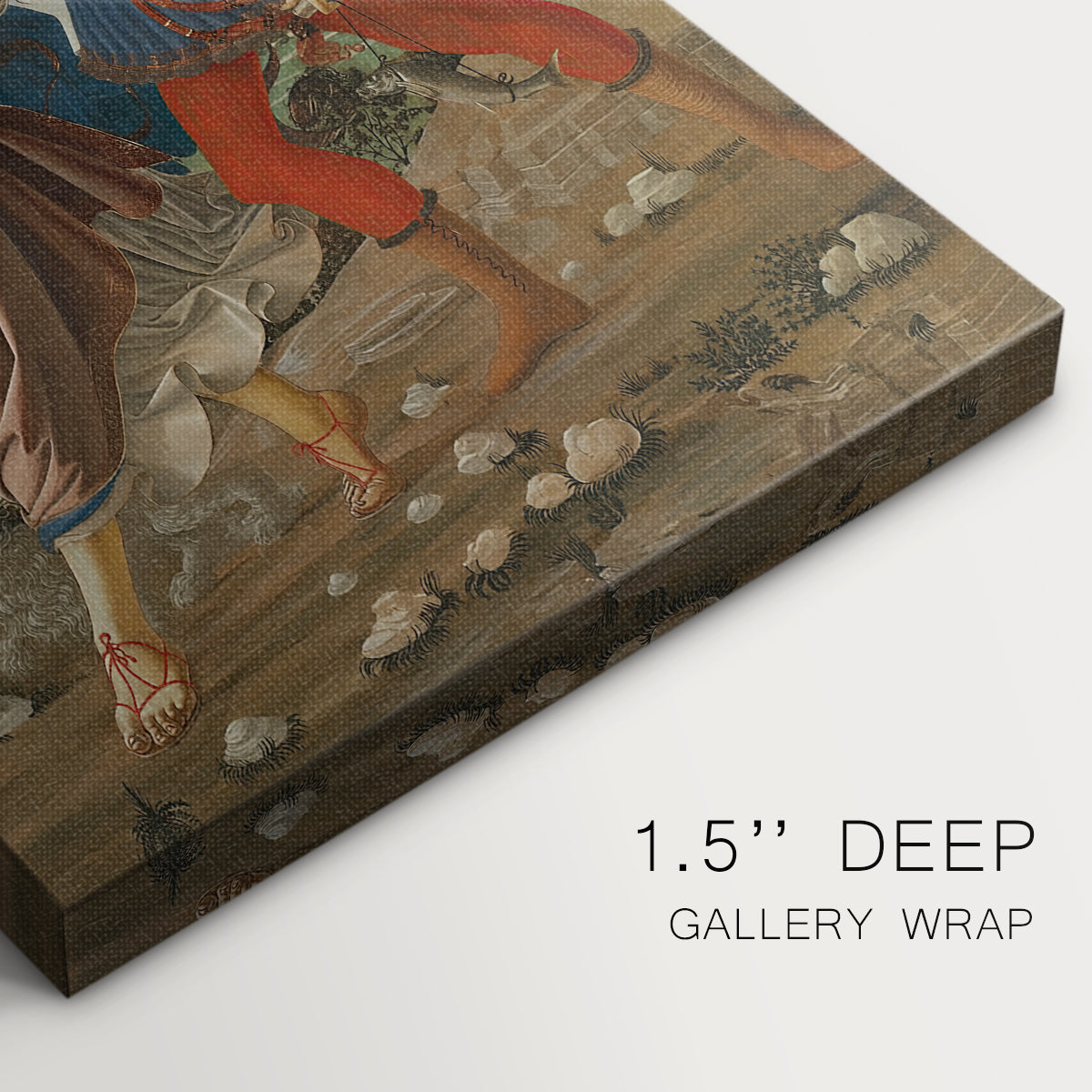 Close-up of a gallery-wrapped canvas corner showing a calm image with figures and subtle depth, highlighting texture and print detail.