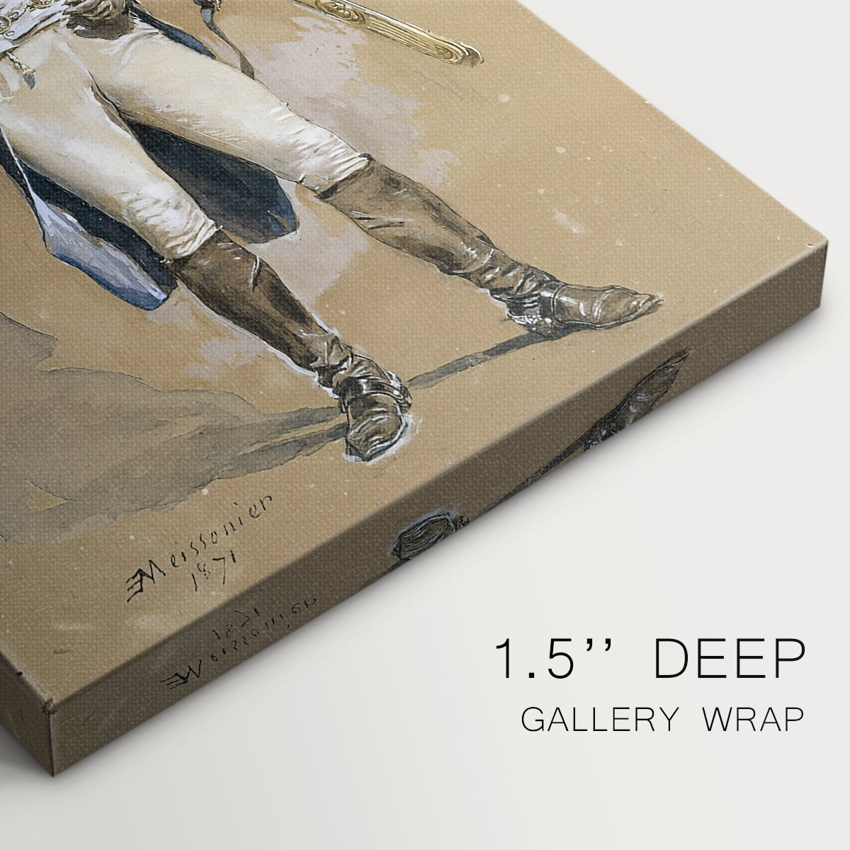 Close-up of a gallery-wrapped canvas corner showing a dignified officer portrayed with careful detail, highlighting texture and print detail.