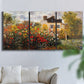 Three-panel canvas wall art featuring farm buildings in rural normandy, displayed in a living room above a sofa.