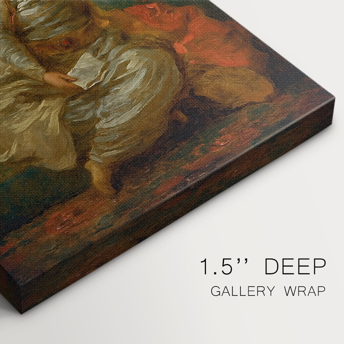 Close-up of a gallery-wrapped canvas corner showing a luxurious interior with soft textures and color, highlighting texture and print detail.