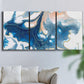 Three-panel canvas wall art featuring flowing blue abstract movement, displayed in a living room above a sofa.