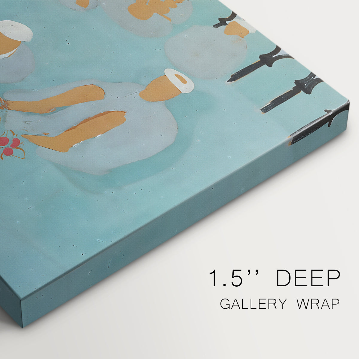 Canvas art print of an interior scene with seated figures in patterned, colorful environment, highlighting texture and gallery-wrapped edges