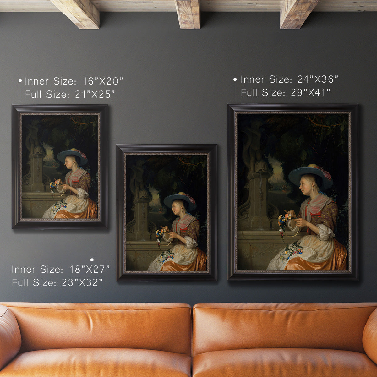 Classical interior scene of a woman weaving flowers by Godfried Schalcken in an ornate black frame with gilded inner detail shown in multiple vertical size options.