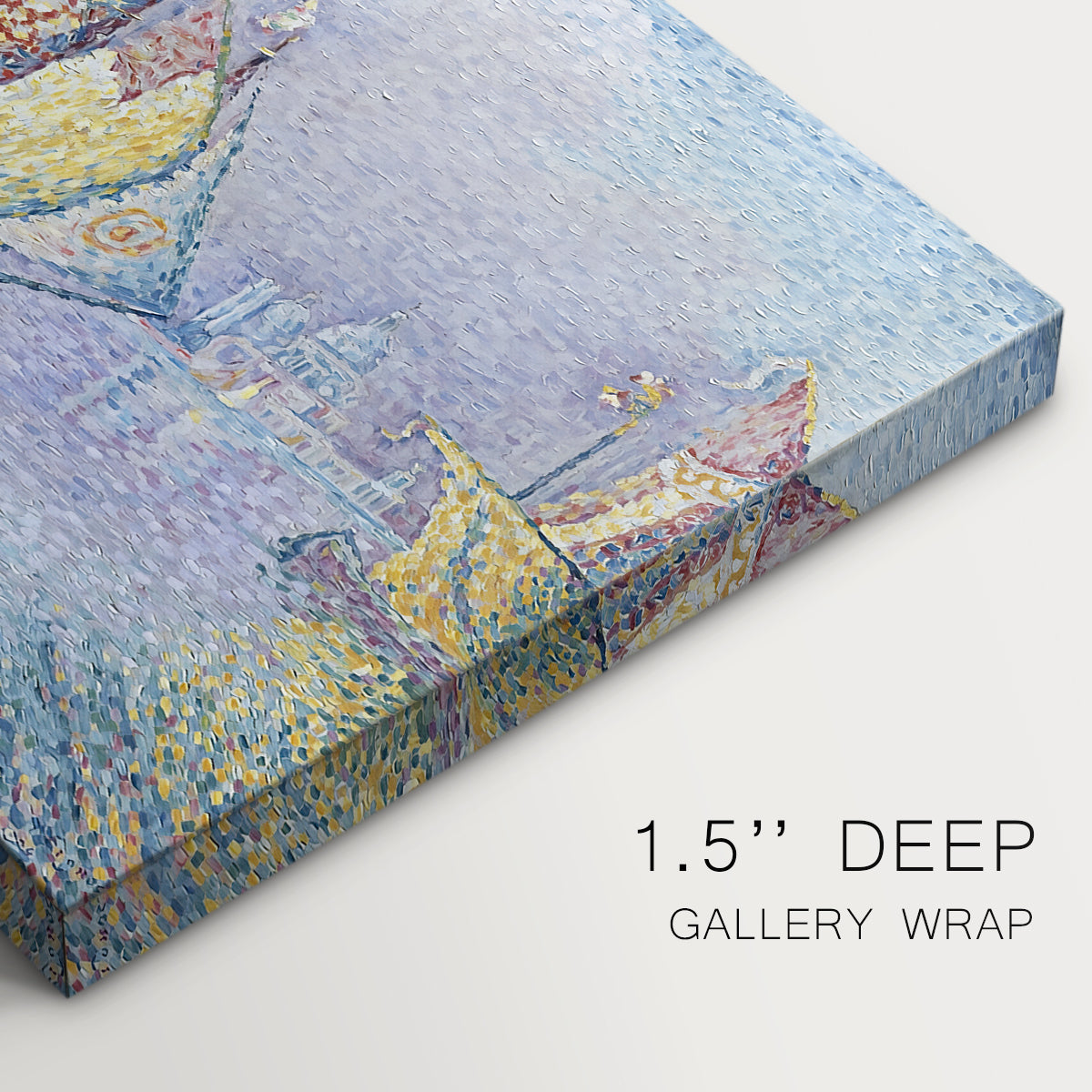 Canvas art print of a boat with yellow sail on water, highlighting texture and gallery-wrapped edges