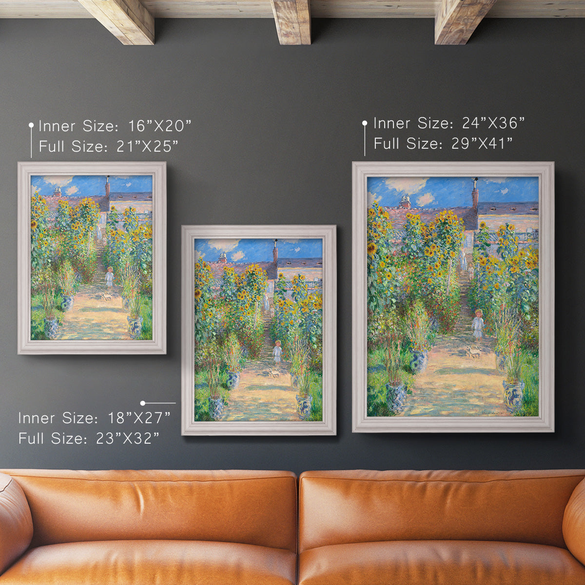 Impressionist garden landscape painting by Claude Monet in an ornate weathered white frame shown in multiple vertical size options.