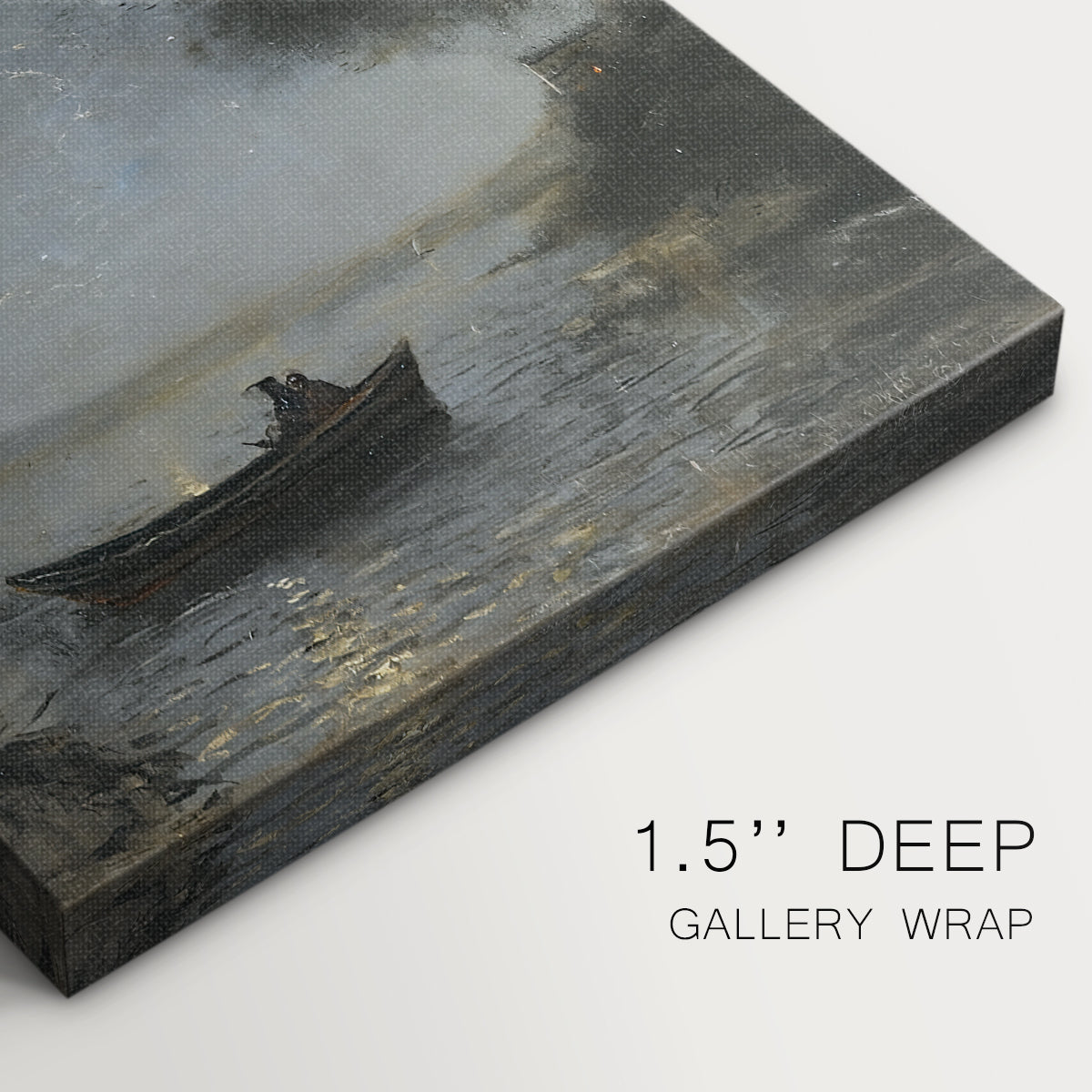 Close-up of a gallery-wrapped canvas corner showing a moody landscape with subtle contrast and depth, highlighting texture and print detail.