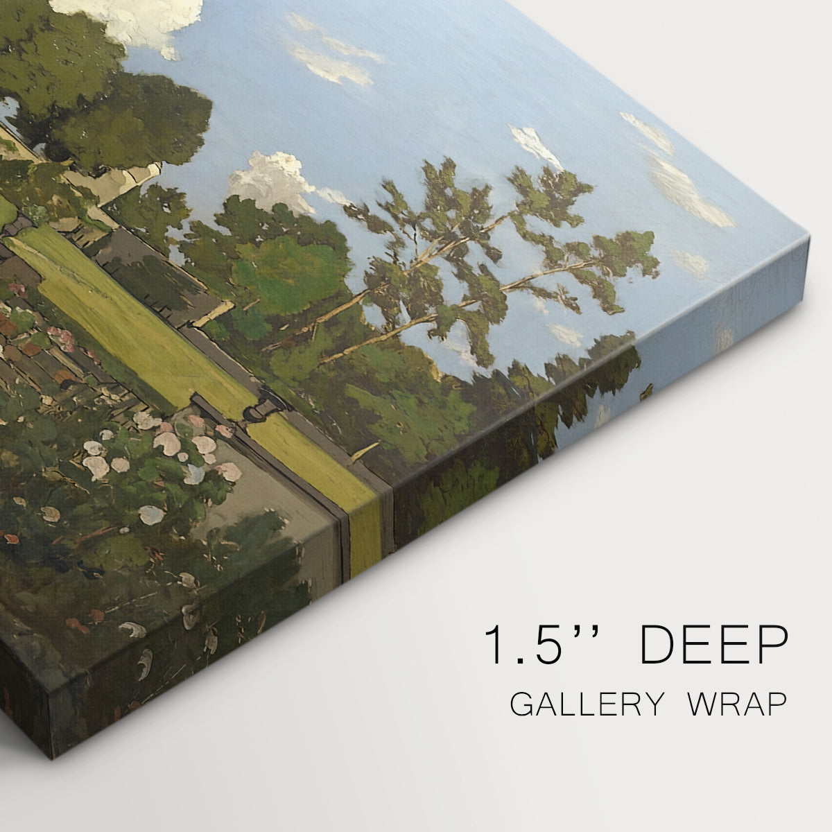 Canvas art print of a landscaped garden with trees, water, and open sky in peaceful setting, highlighting texture and gallery-wrapped edges