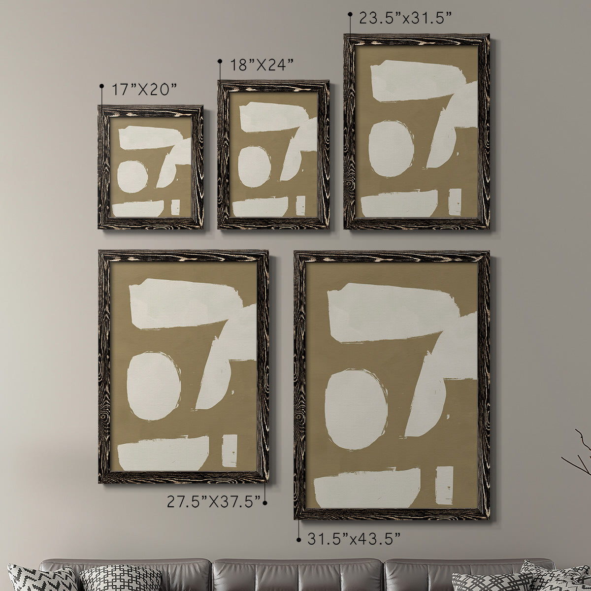 Size comparison chart for a set of two black barnwood framed canvas prints.