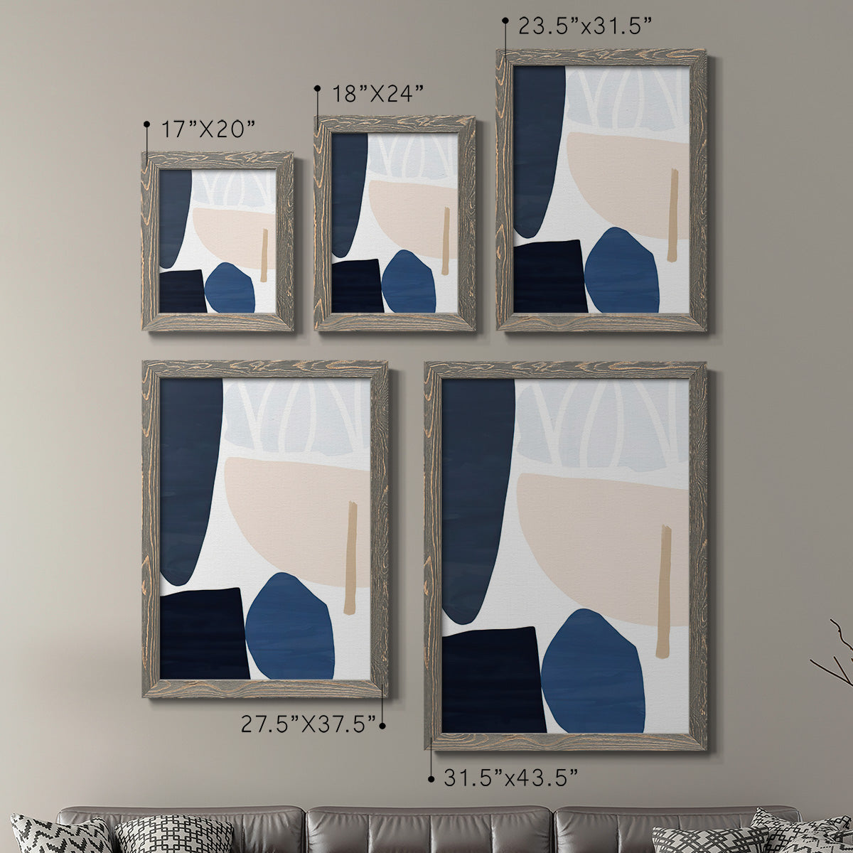 Size comparison chart for a set of two gray barnwood framed canvas prints.