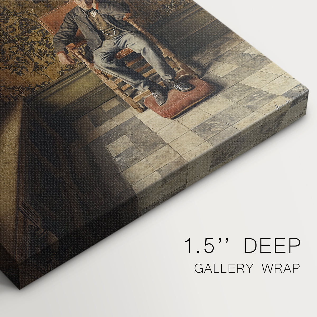 Close-up of a gallery-wrapped canvas corner showing a calm interior portrait with minimal detail, highlighting texture and print detail.