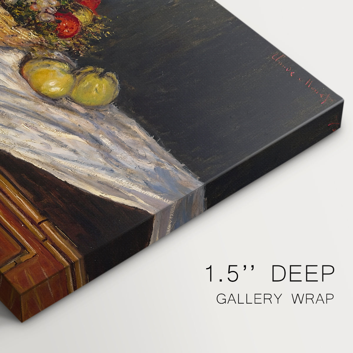 Canvas art print of an arrangement of apples and grapes on table with soft natural light, highlighting texture and gallery-wrapped edges
