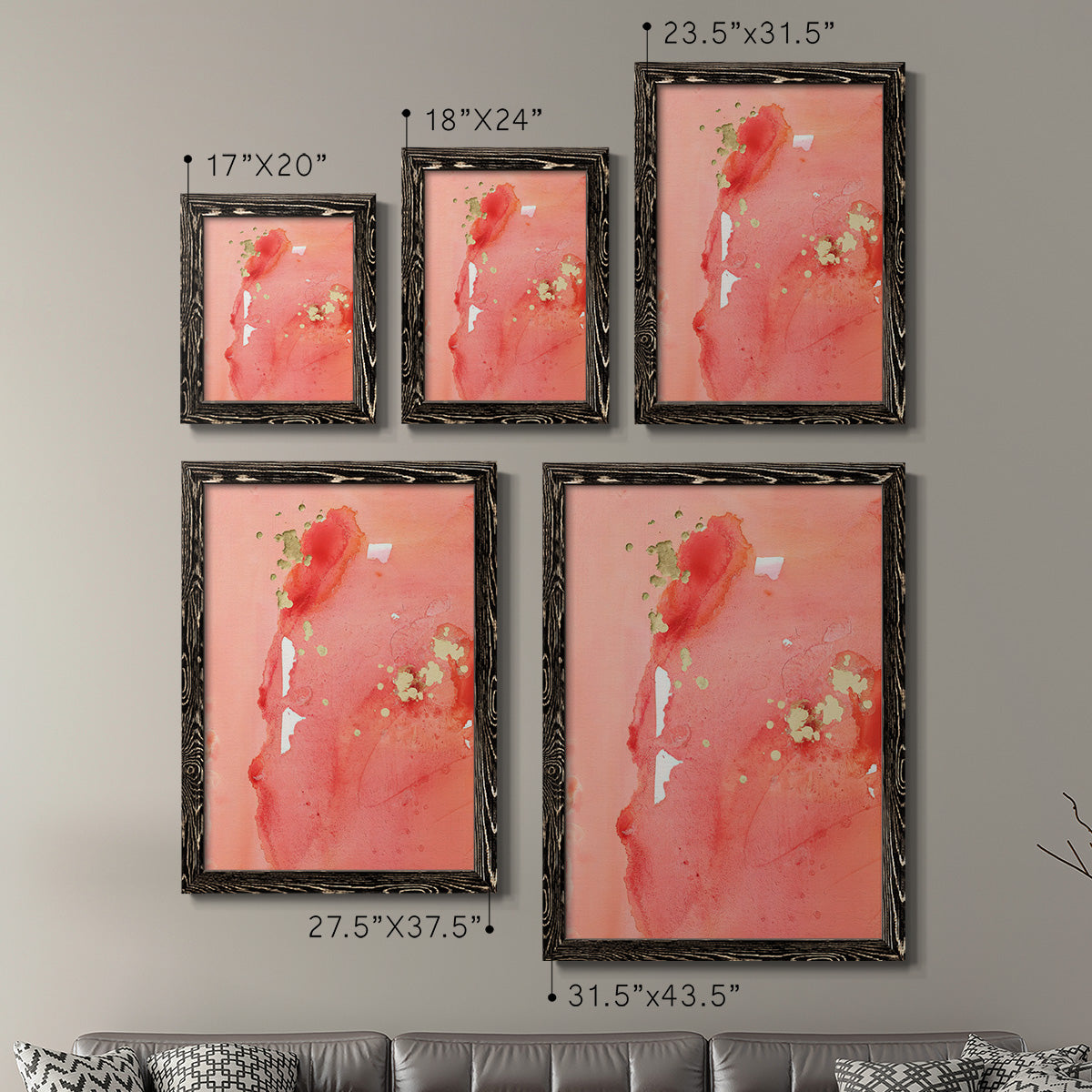 Size comparison chart for a set of two black barnwood framed canvas prints.