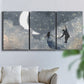 Three-panel canvas wall art featuring surreal celestial romantic scene, displayed in a living room above a sofa.