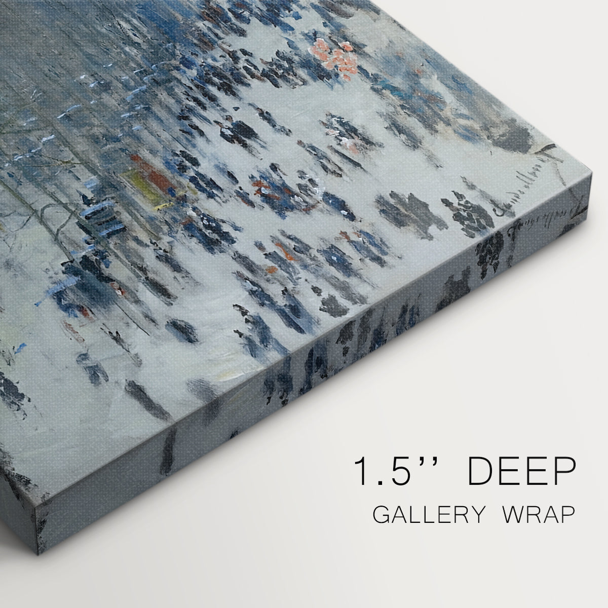 Close-up of a gallery-wrapped canvas corner showing a lively boulevard with figures and hazy perspective, highlighting texture and print detail.