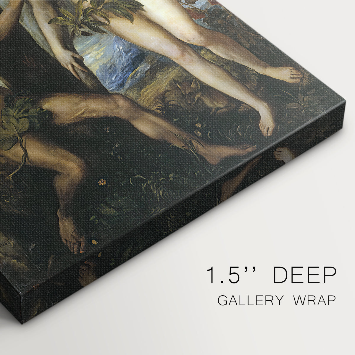 Close-up of a gallery-wrapped canvas corner showing a refined image with symbolic interaction, highlighting texture and print detail.