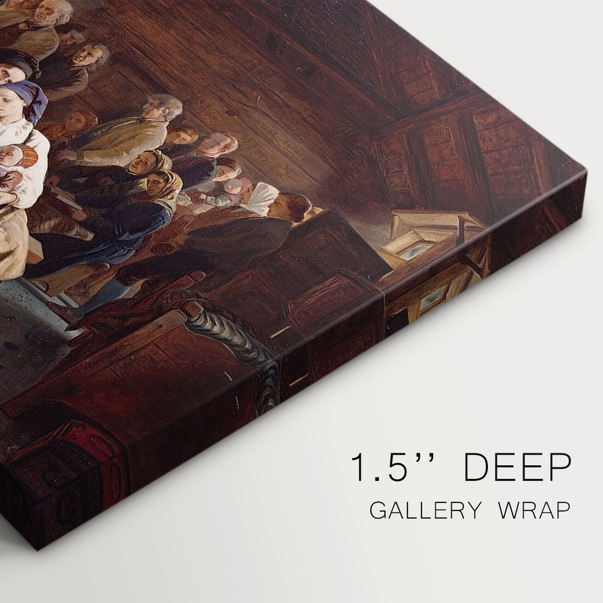 Canvas art print of a large gathering of villagers seated around tables during a funeral feast indoors, highlighting texture and gallery-wrapped edges