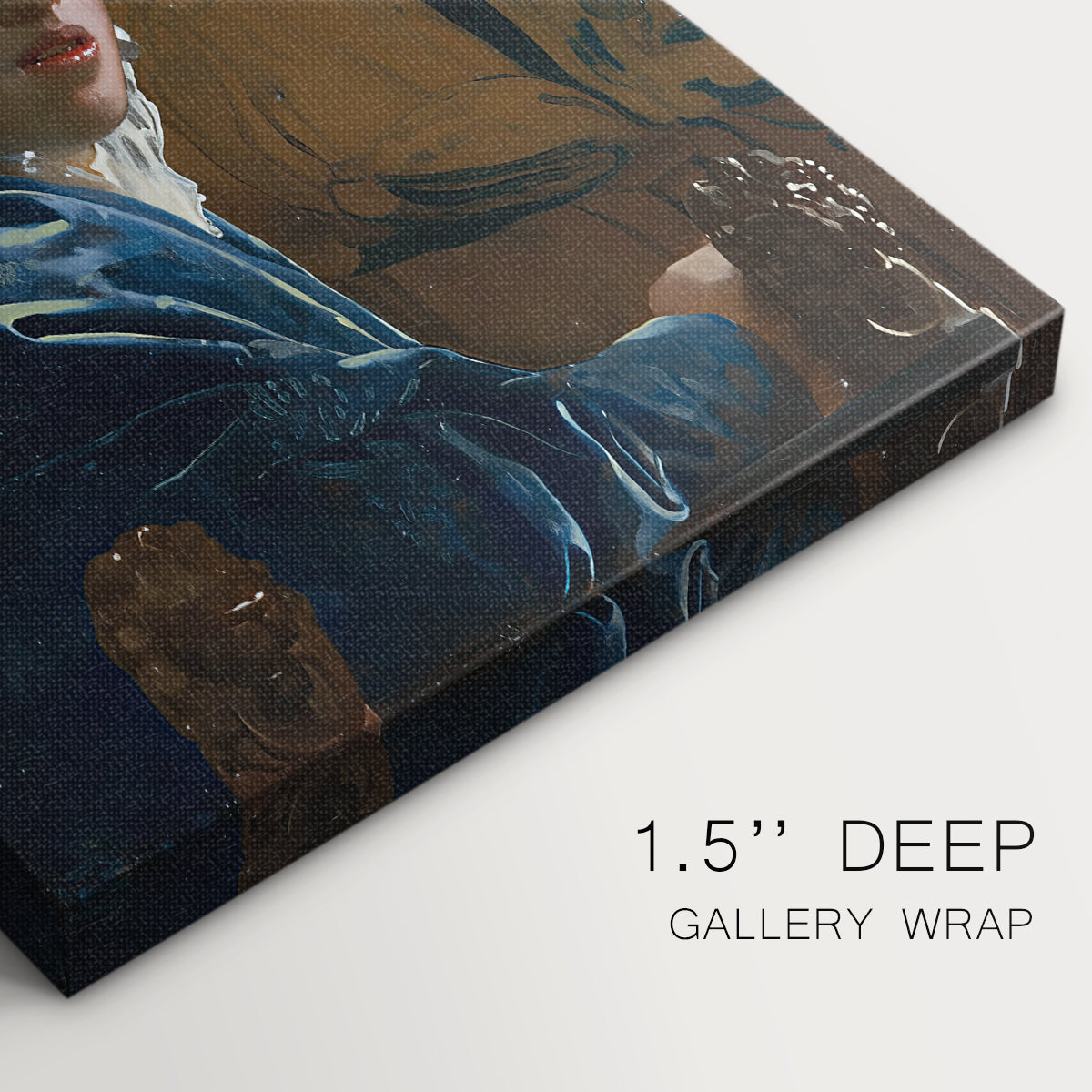 Close-up of a gallery-wrapped canvas corner showing a composed figure with expressive detail, highlighting texture and print detail.