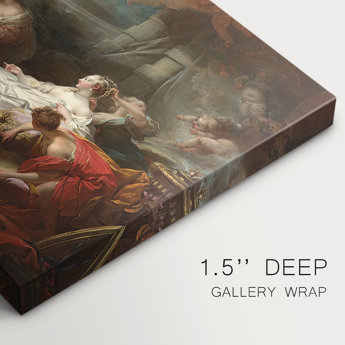 Canvas art print of a group of women gathered indoors in ornate setting presenting gifts, highlighting texture and gallery-wrapped edges
