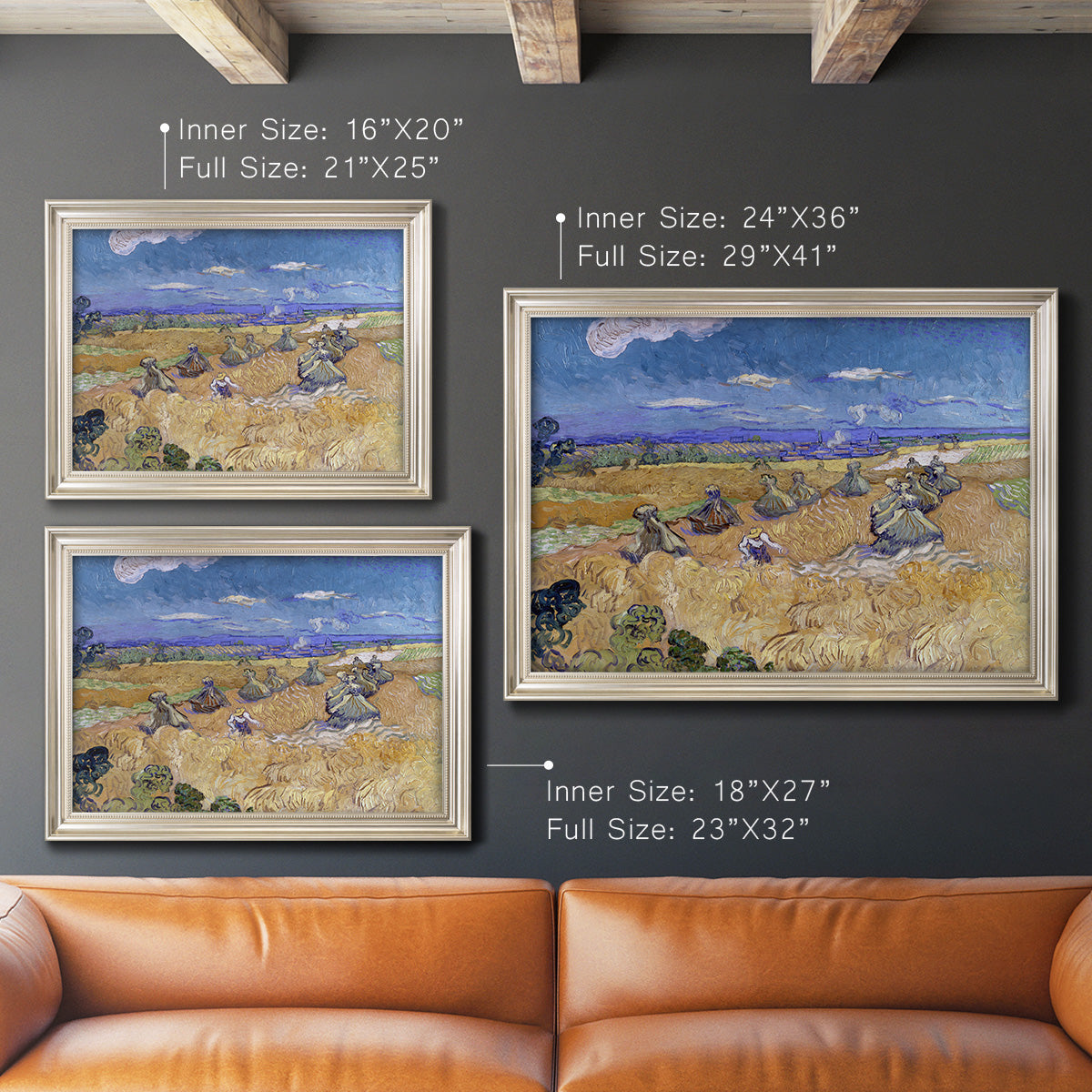 Impressionist wheat harvest scene by Vincent van Gogh in an ornate champagne frame shown in multiple size options.
