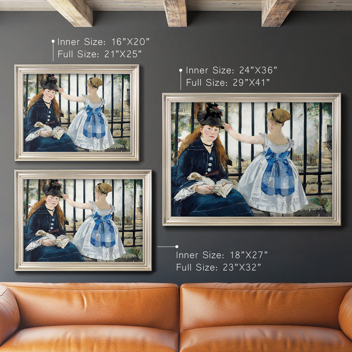 Impressionist urban scene near a railway by Édouard Manet in an ornate champagne frame shown in multiple size options.
