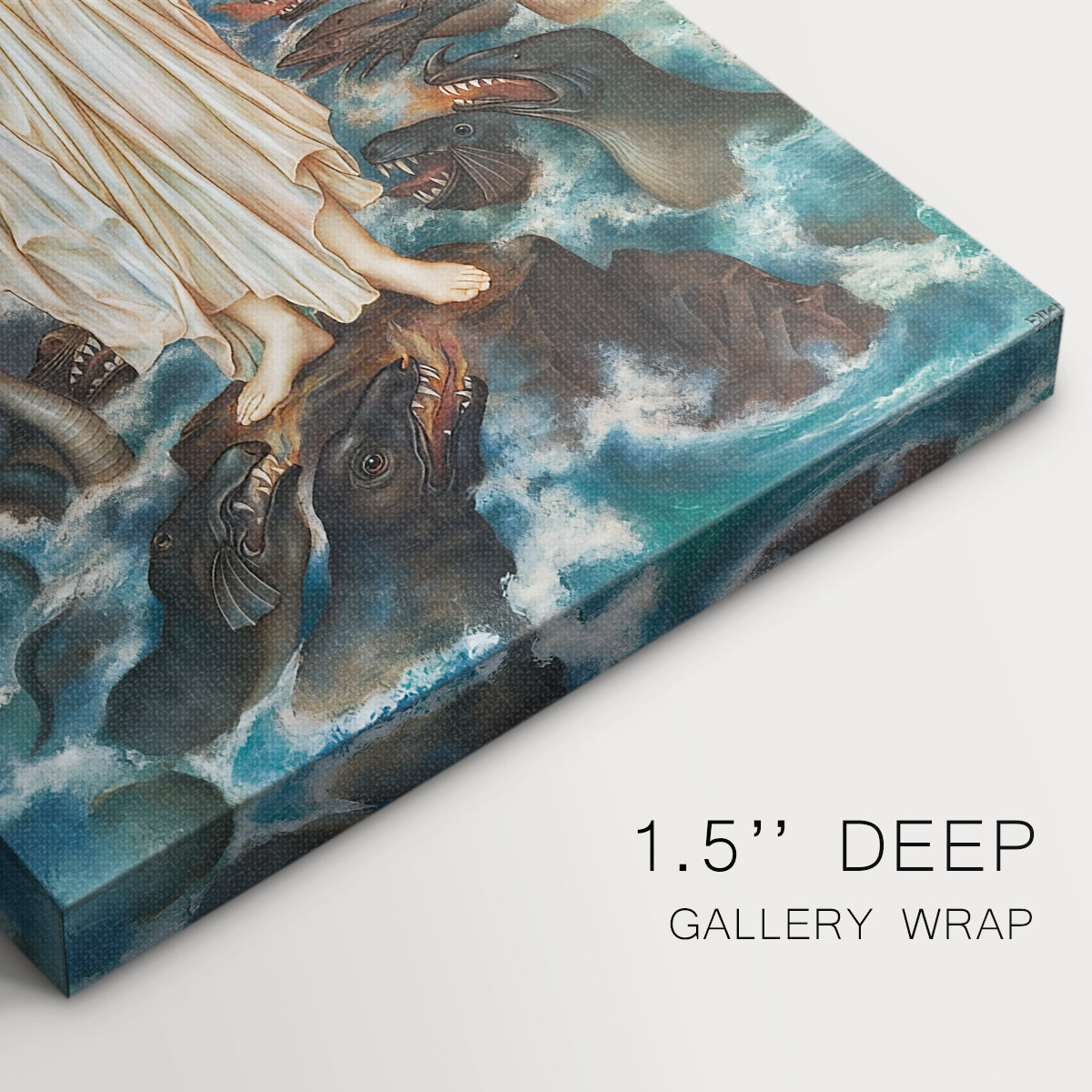 Close-up of a gallery-wrapped canvas corner showing an allegorical image of desperation and hope, highlighting texture and print detail.