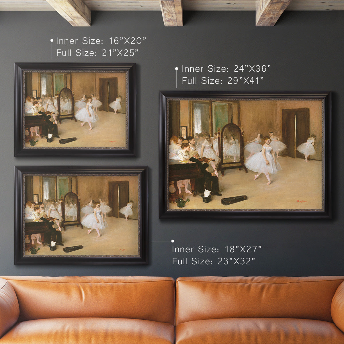 Impressionist dance class interior scene by Edgar Degas in an ornate black frame with gilded inner detail shown in multiple size options.