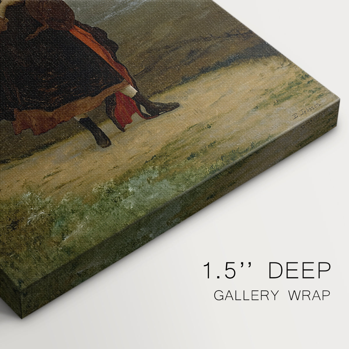 Close-up of a gallery-wrapped canvas corner showing a quiet composition with a standing figure and earthy palette, highlighting texture and print detail.