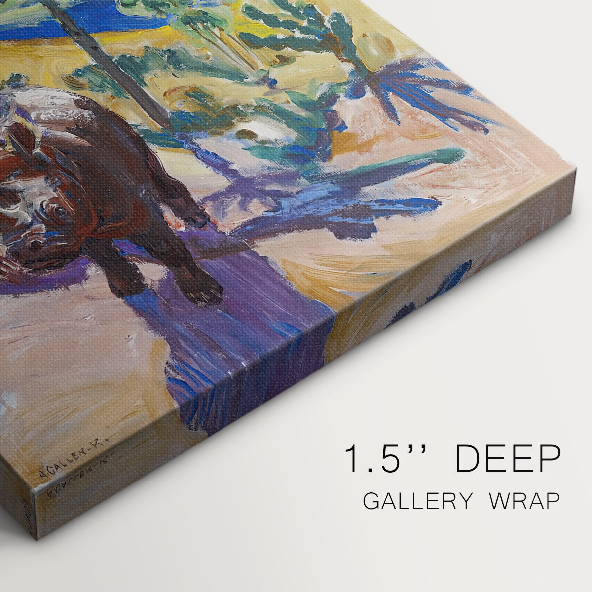 Close-up of a gallery-wrapped canvas corner showing a modernist landscape featuring a rhinoceros and sparse trees, highlighting texture and print detail.