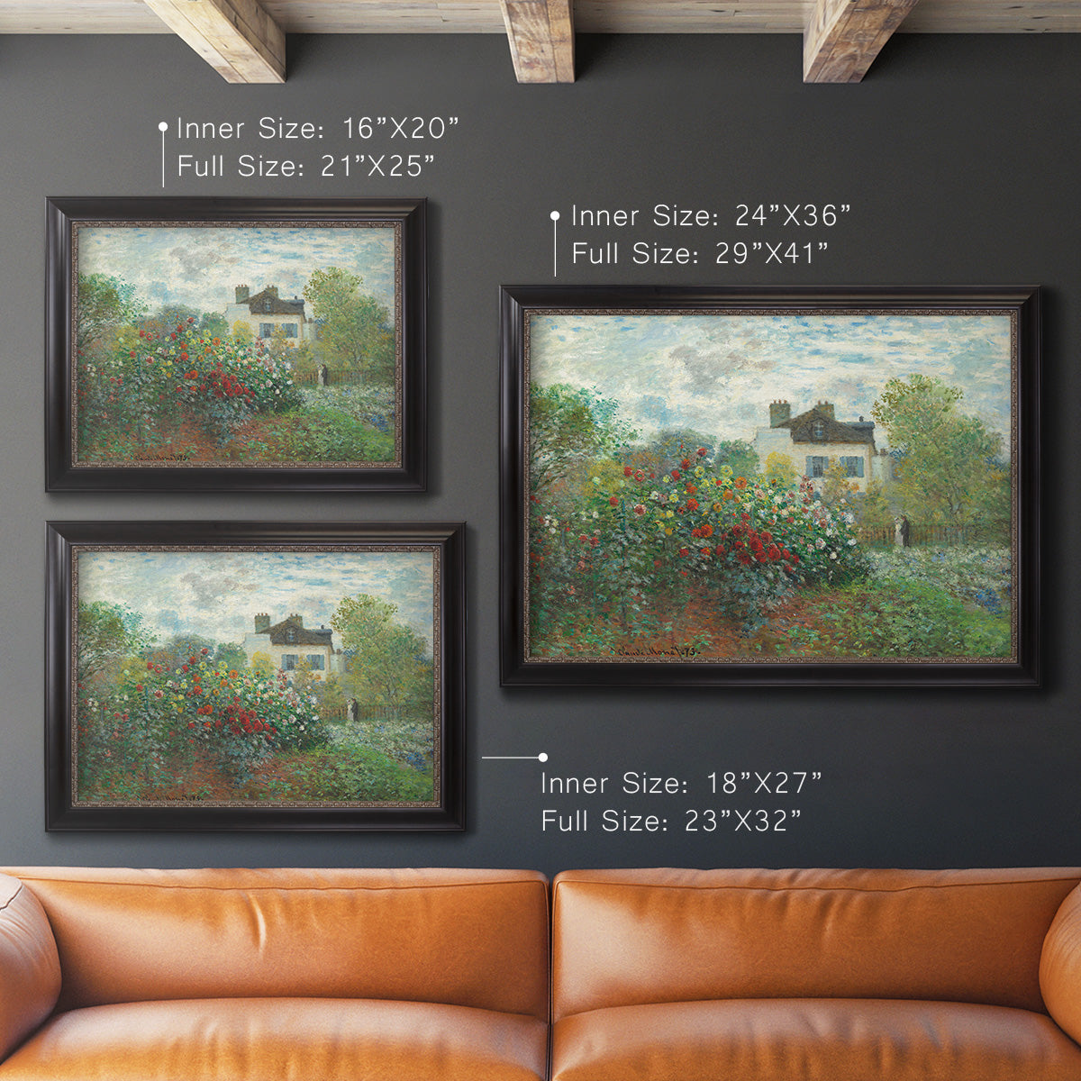 Impressionist garden landscape at Argenteuil by Claude Monet in an ornate black frame with gilded inner detail shown in multiple size options.