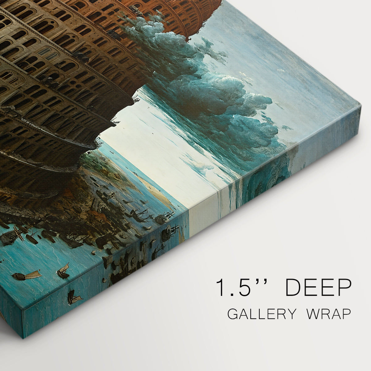 Canvas art print of a massive tower under construction rising above landscape, highlighting texture and gallery-wrapped edges