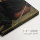 Close-up of a gallery-wrapped canvas corner showing a contemplative figure with focused illumination, highlighting texture and print detail.