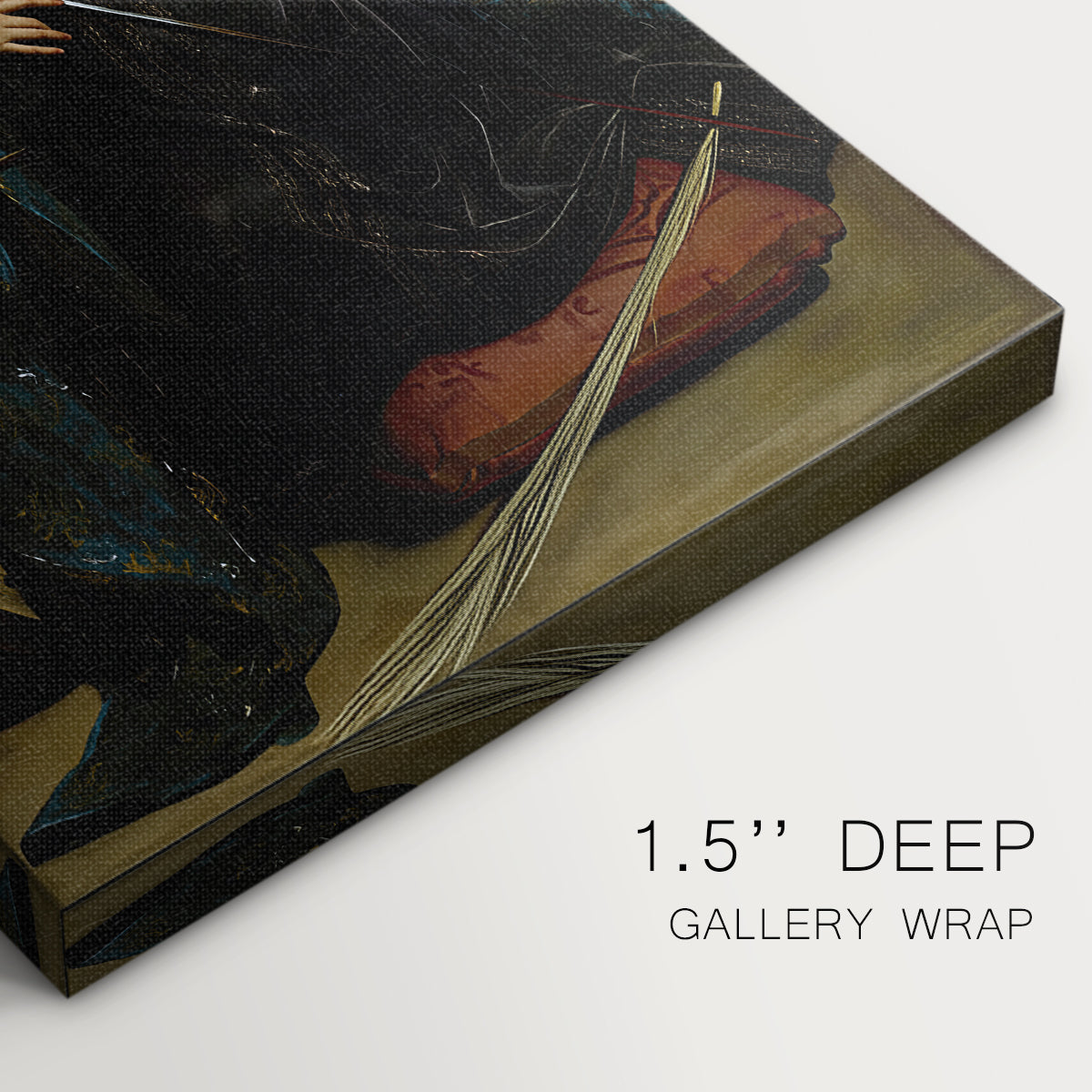 Close-up of a gallery-wrapped canvas corner showing a contemplative figure with focused illumination, highlighting texture and print detail.