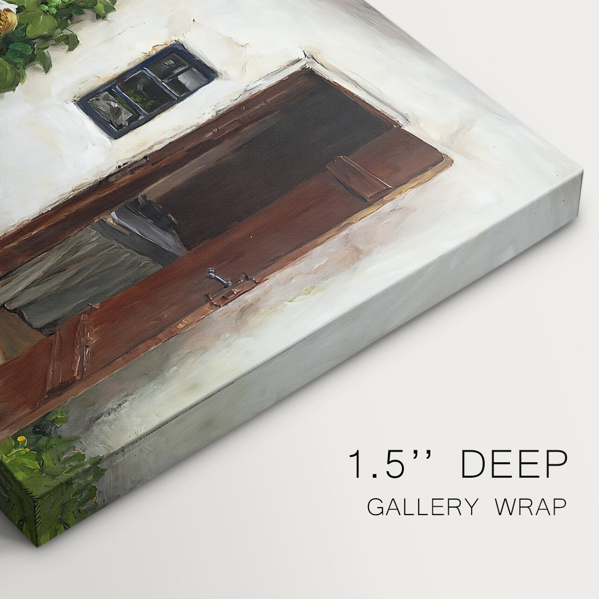 Canvas art print of a woman and child standing outside farmhouse searching for missing kitten, highlighting texture and gallery-wrapped edges