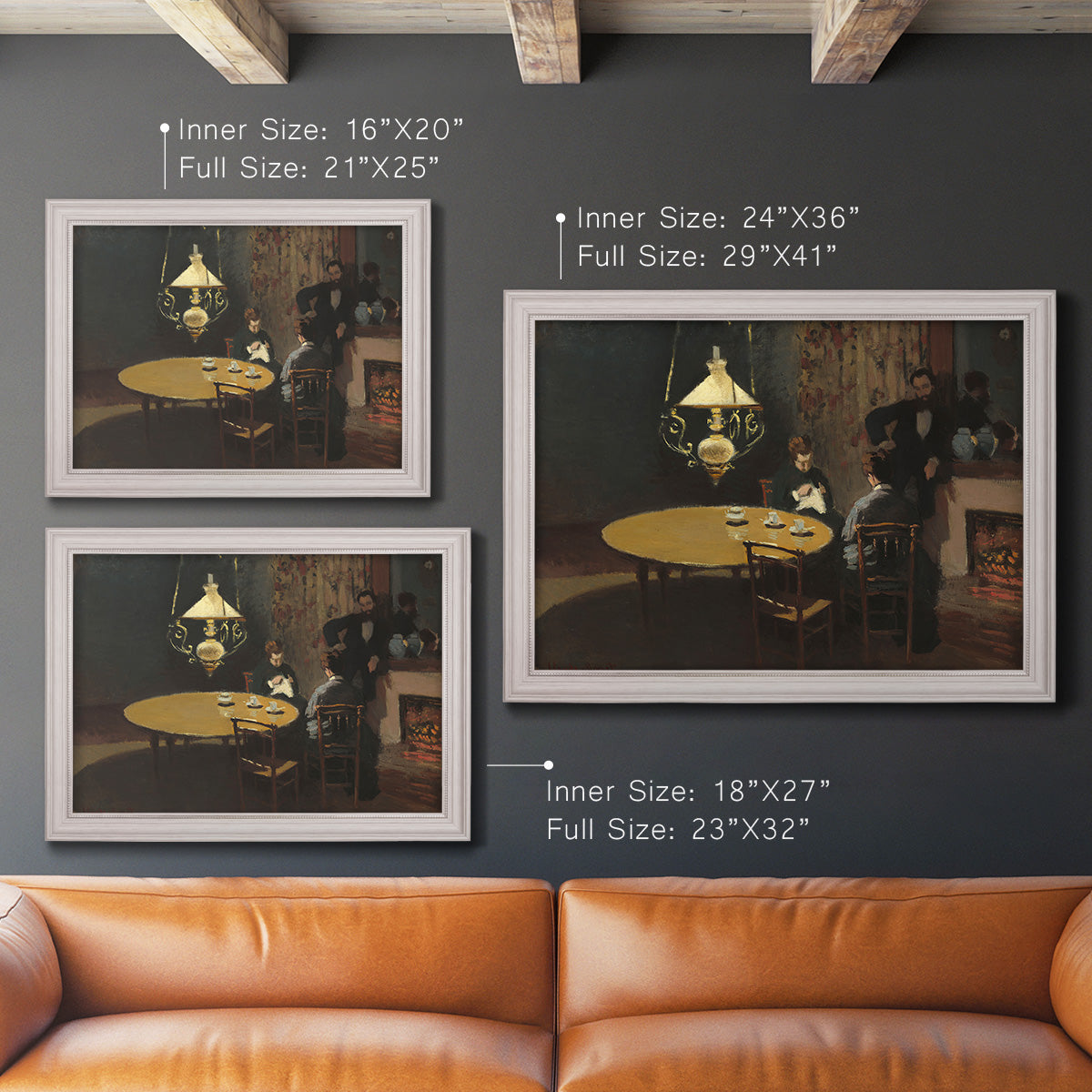 Impressionist domestic interior scene by Claude Monet in an ornate weathered white frame shown in multiple size options.
