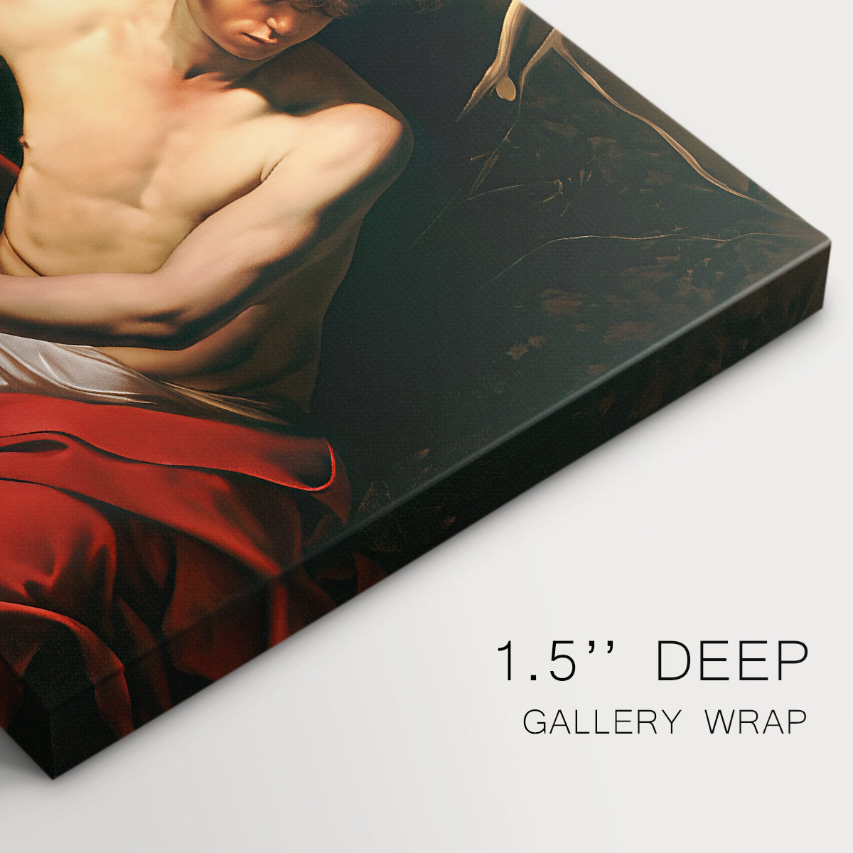Canvas art print of a young Saint John seated in wilderness with staff and red drapery, highlighting texture and gallery-wrapped edges