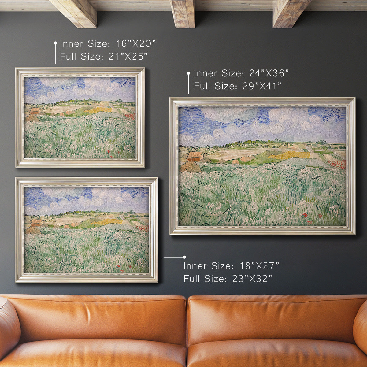 Impressionist countryside landscape near Auvers by Vincent van Gogh in an ornate champagne frame shown in multiple size options.