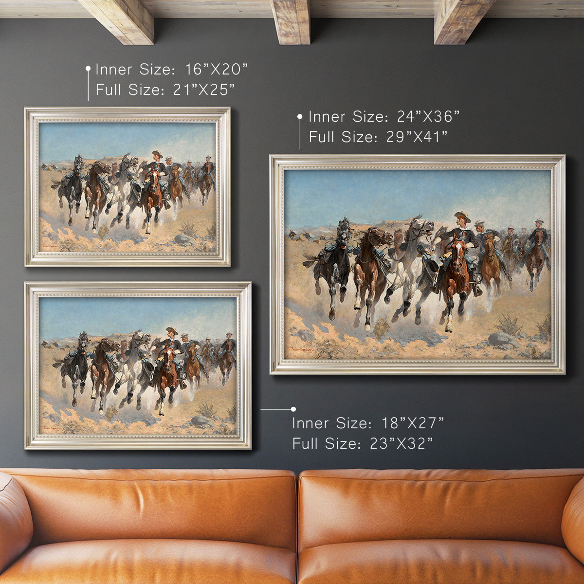 Impressionist western action scene by Frederic Remington in an ornate champagne frame shown in multiple size options.