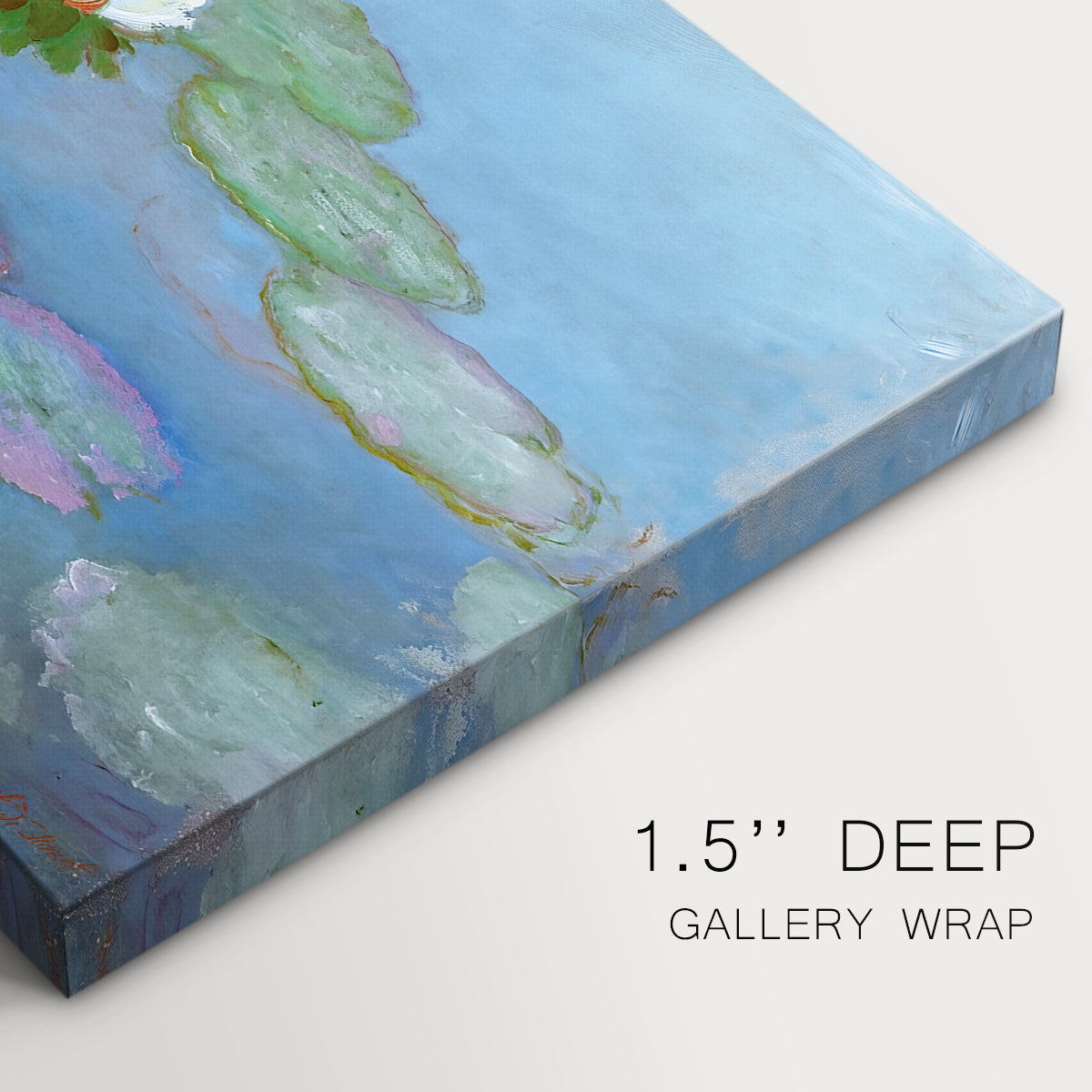 Canvas art print of floating water lilies on pond with reflections of sky and foliage, highlighting texture and gallery-wrapped edges
