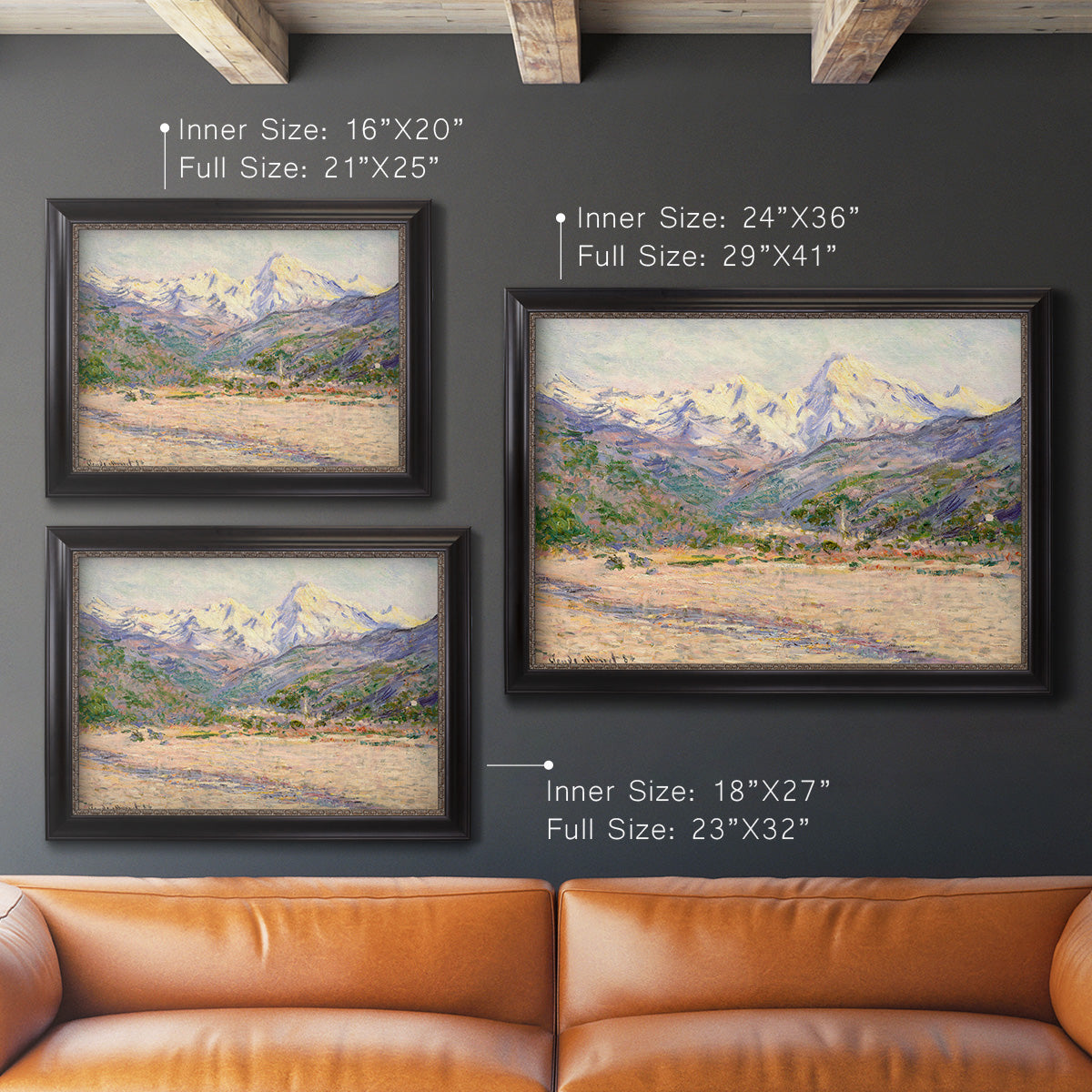 Impressionist valley landscape in southern France by Claude Monet in an ornate black frame with gilded inner detail shown in multiple size options.