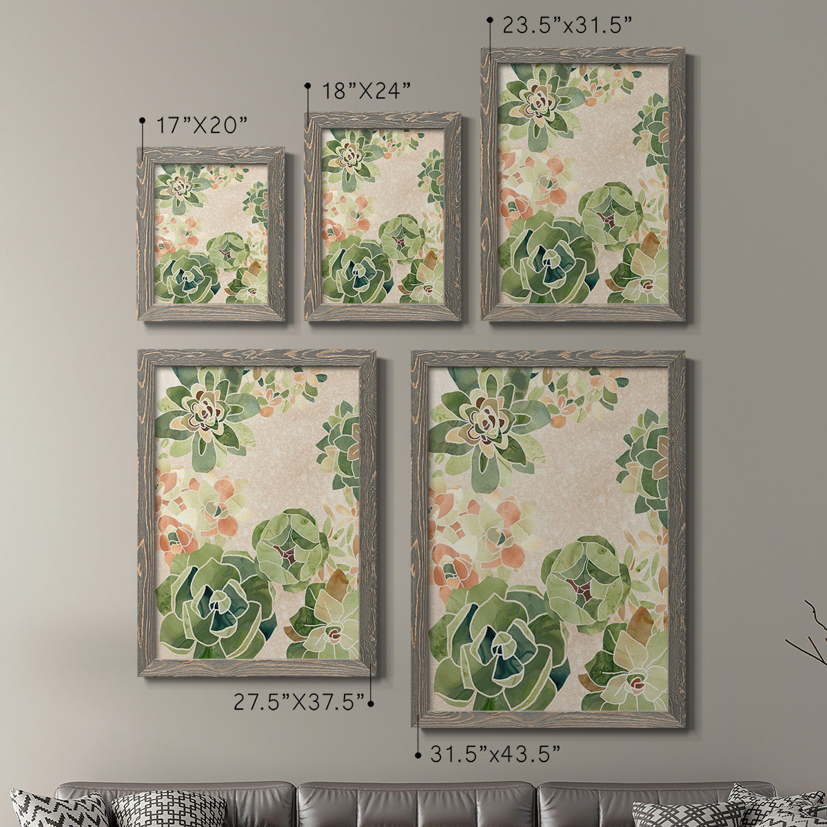 Size comparison chart for a set of two gray barnwood framed canvas prints.
