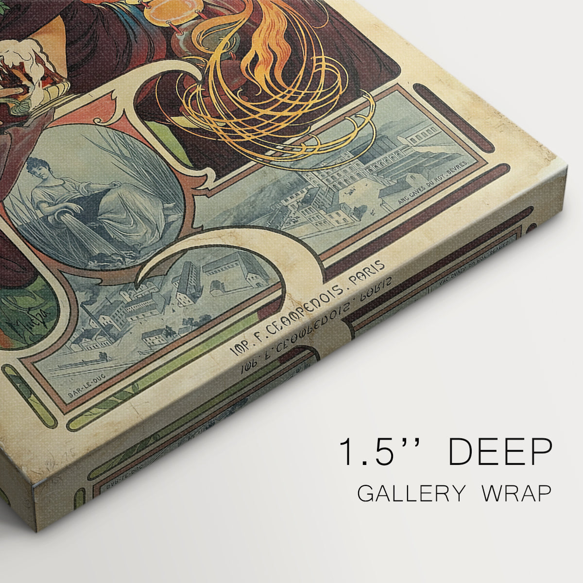 Close-up of a gallery-wrapped canvas corner showing a classic print combining portrait and branding elements, highlighting texture and print detail.
