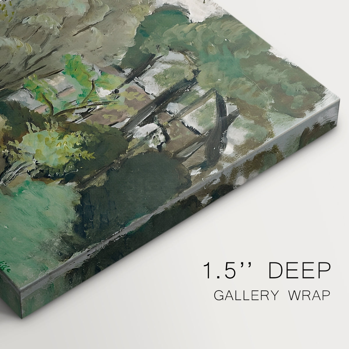 Canvas art print of a small figure in a green landscape near trees and buildings, highlighting texture and gallery-wrapped edges