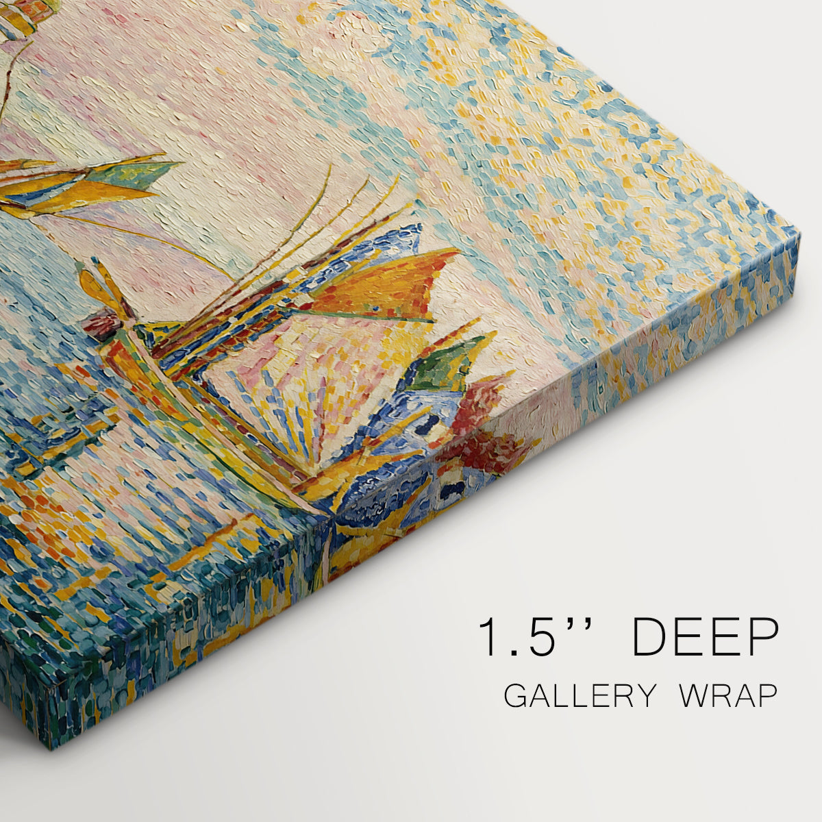 Canvas art print of a pointillist landscape of lighthouse and boats, highlighting texture and gallery-wrapped edges