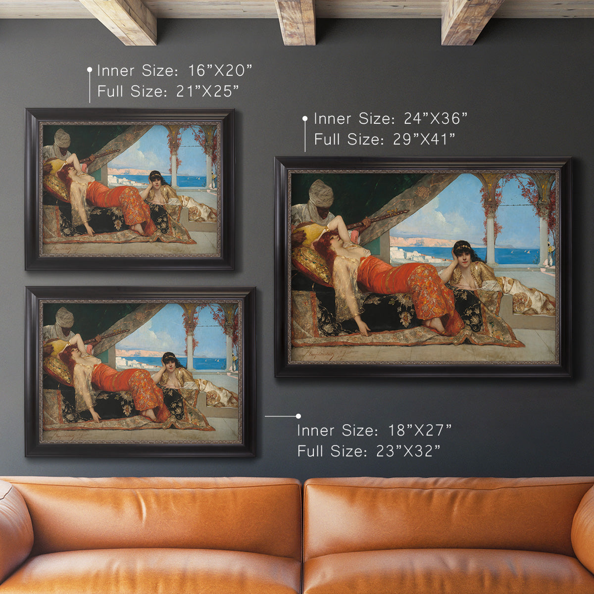 Orientalist portrait scene by Jean-Joseph Benjamin-Constant in an ornate black frame with gilded inner detail shown in multiple size options.