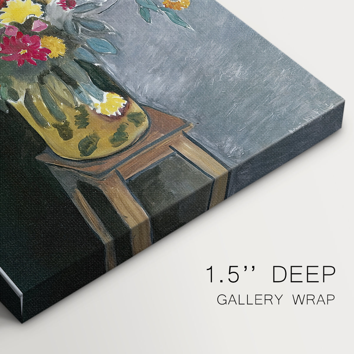 Close-up of a gallery-wrapped canvas corner showing a stylized arrangement with vivid color contrast, highlighting texture and print detail.