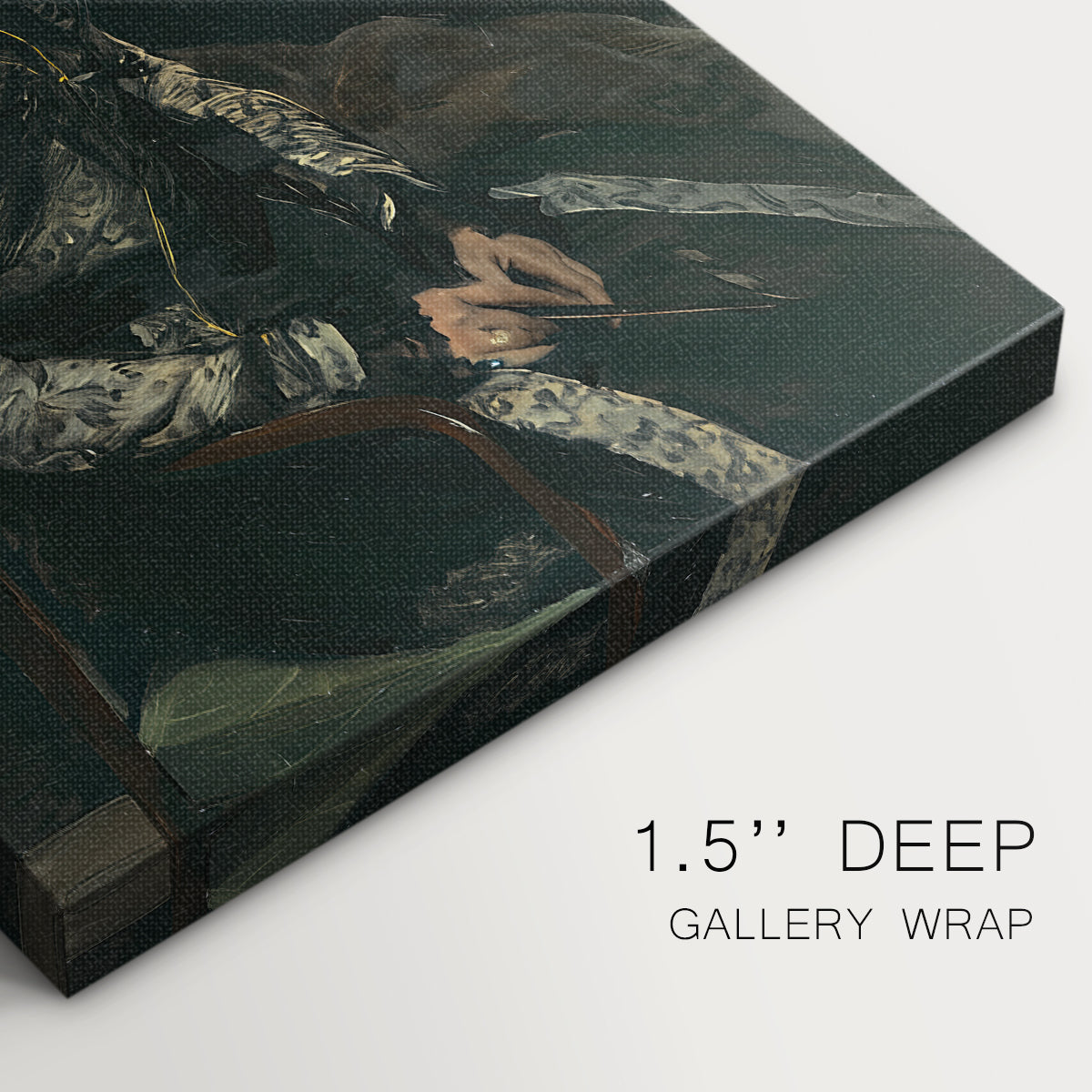 Close-up of a gallery-wrapped canvas corner showing a composed figure with subtle highlights, highlighting texture and print detail.